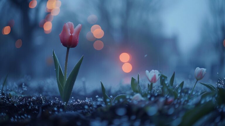 Close-up of red tulip with dew drops during blue twilight with soft bokeh lights in the background