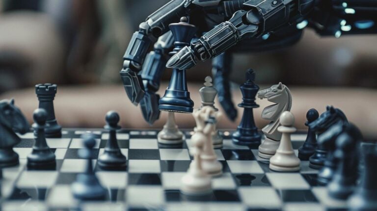 Robot arm playing chess, moving a black queen on a chessboard with pieces in position.