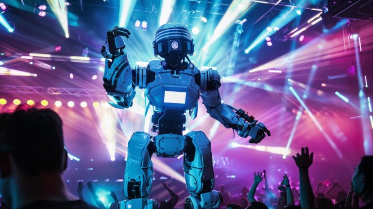 Robot DJ performing at a vibrant music festival with excited crowd and colorful stage lights