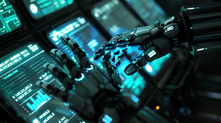 A robotic arm in front of futuristic computer screens with glowing blue interface elements.
