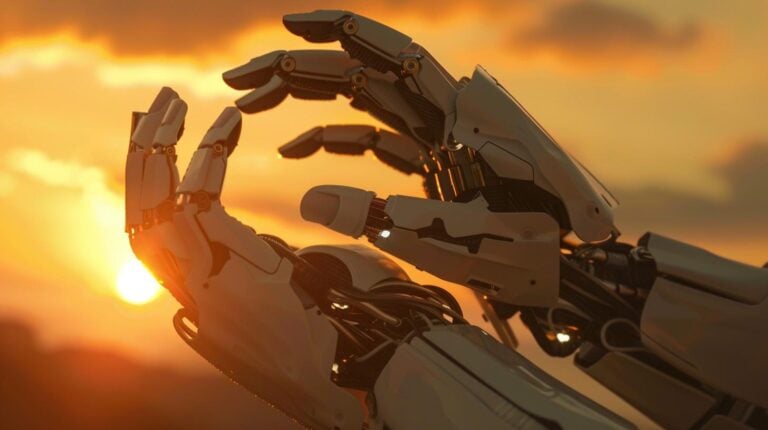 Close-up of a robotic hand against a sunset backdrop, showcasing advanced technology and automation design.