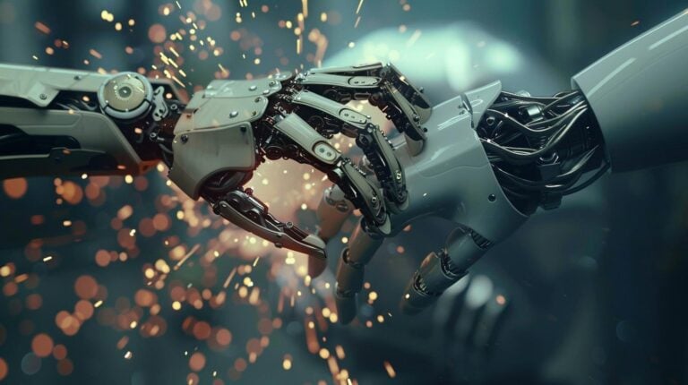 Robotic hands with intricate details amidst sparks, symbolizing advanced technology and automation.