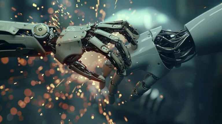 Robotic hands with intricate details amidst sparks, symbolizing advanced technology and automation.
