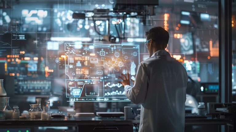 Scientist interacting with a futuristic holographic interface in a high-tech laboratory setting.