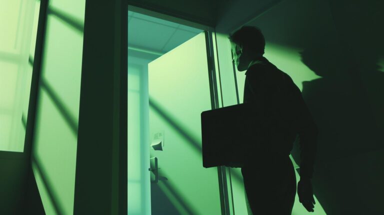 Silhouetted businessman with briefcase entering a room with green lighting