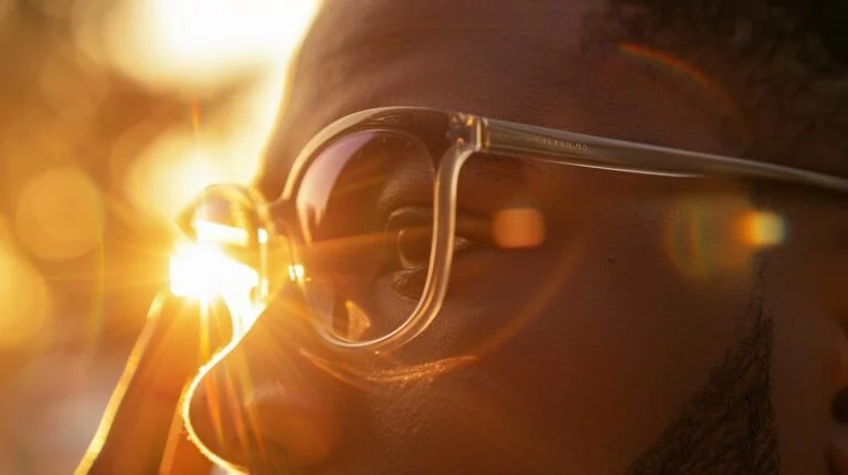 Close-up of a person wearing sunglasses with the sun setting in the background creating lens flare effects.