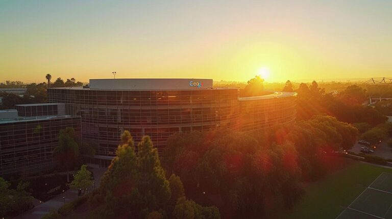 Sunset view over a modern office building surrounded by green foliage.