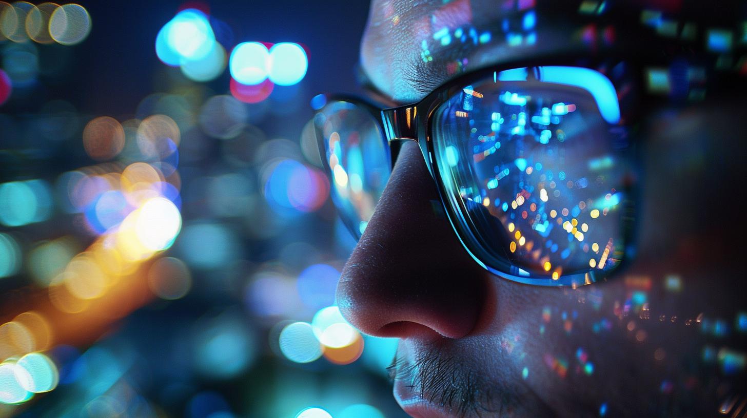Close-up of a person wearing glasses with reflective colorful digital screen, highlighting concept of technology and innovation.
