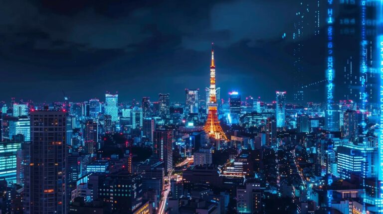 Illuminated Tokyo skyline at night with iconic Tokyo Tower and city lights