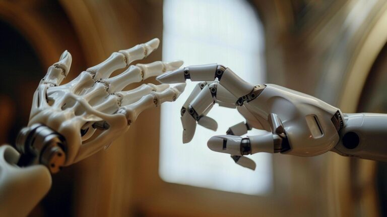 Two robotic hands reaching out to each other in a gesture that imitates human connection