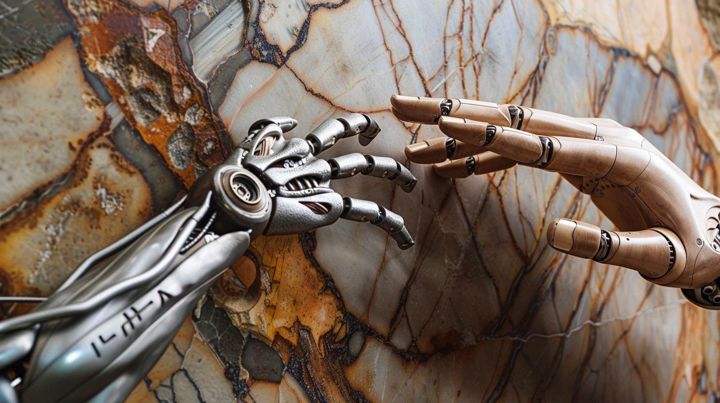 Two robotic hands reaching towards each other against a marble background