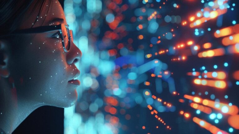 Woman observing digital data points and light streams with a focused expression