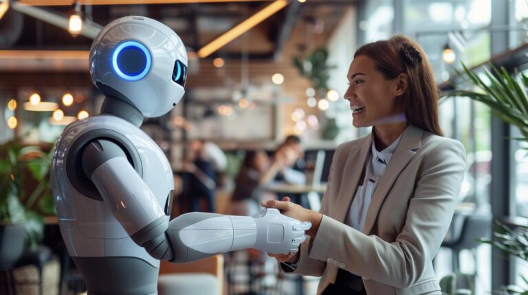 Woman interacting with humanoid robot in modern office setting