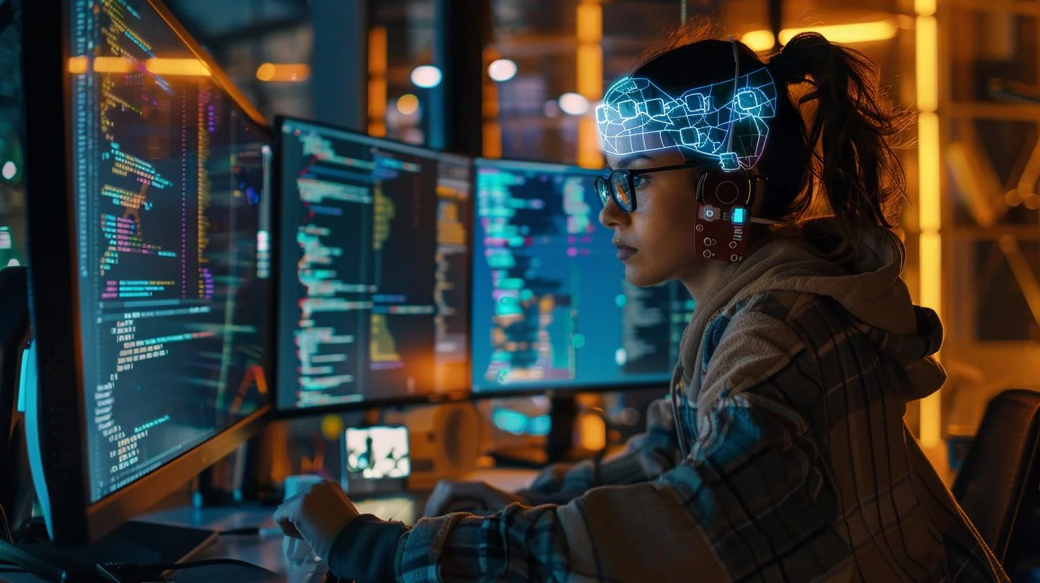 Woman wearing augmented reality headset working with multiple computer screens displaying code in a high-tech office environment.