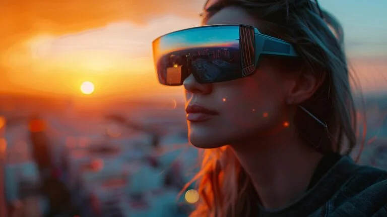 Woman wearing futuristic sunglasses at sunset with city reflection in visor