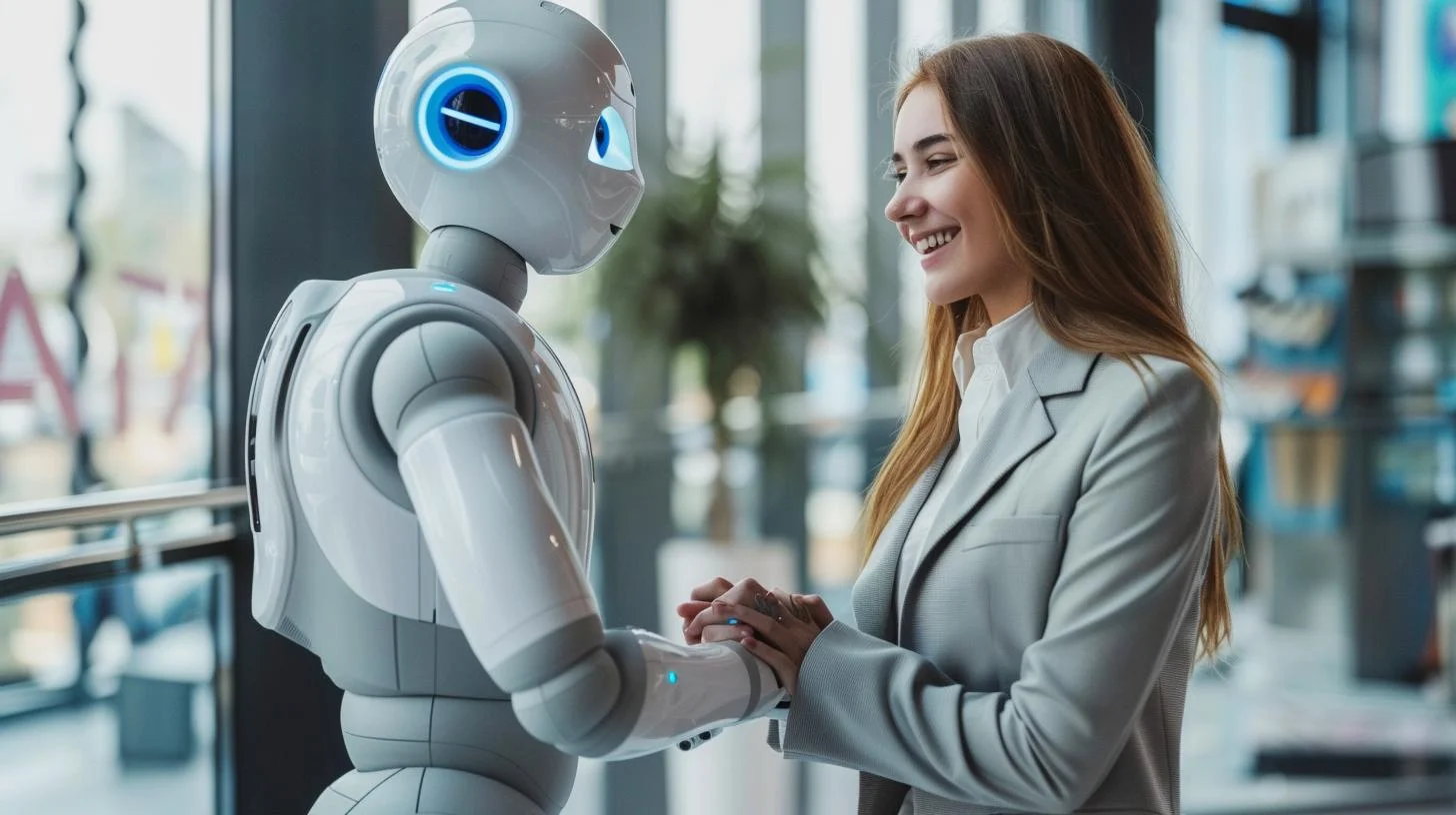 Woman interacting with a humanoid robot by shaking hands in a modern office setting