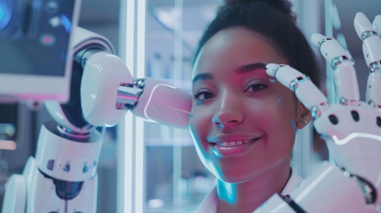 Woman with a robotic arm in a futuristic setting