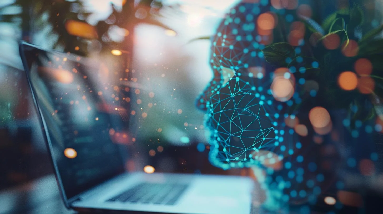 Digital concept of artificial intelligence with polygonal face projection and laptop on desk surrounded by plants.