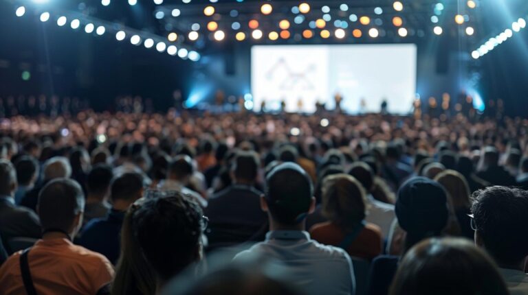Audience at a conference event with speakers on stage and blurred lights
