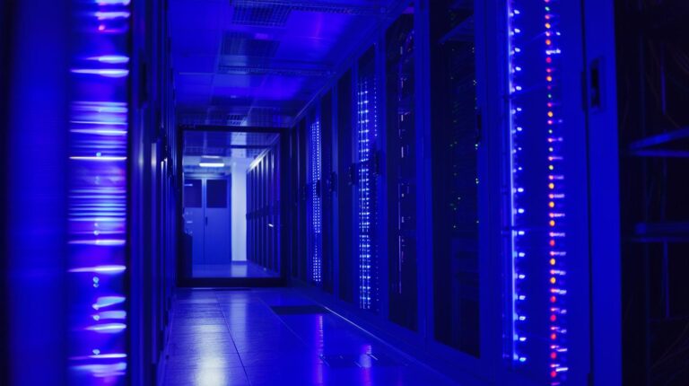 Blue illuminated data center with racks of servers and networking equipment.