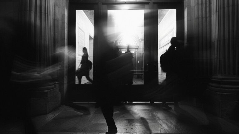 Black and white image of blurred figures walking through a bright doorway in a dark corridor, conveying motion and busyness.