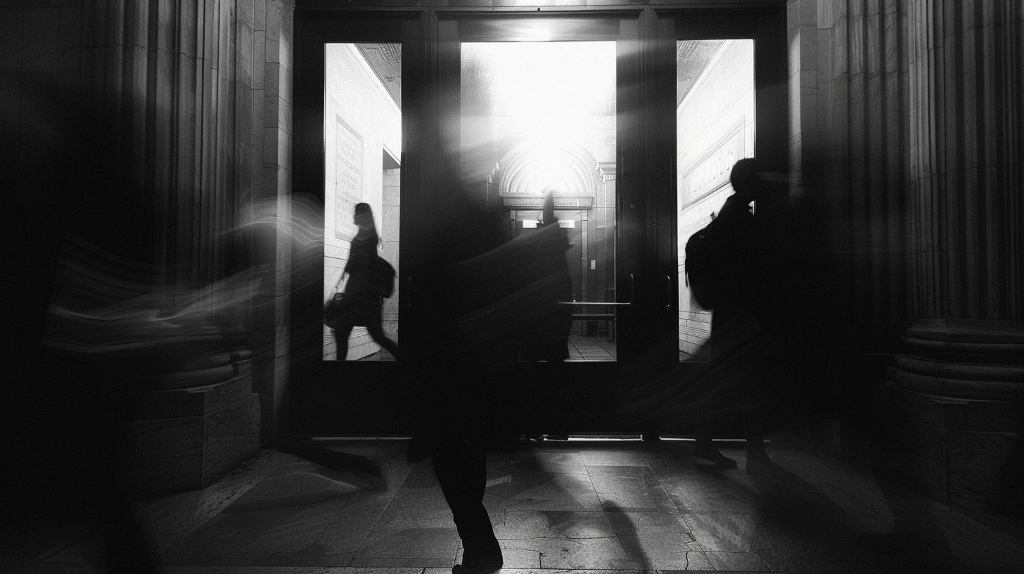 Black and white image of blurred figures walking through a bright doorway in a dark corridor, conveying motion and busyness.