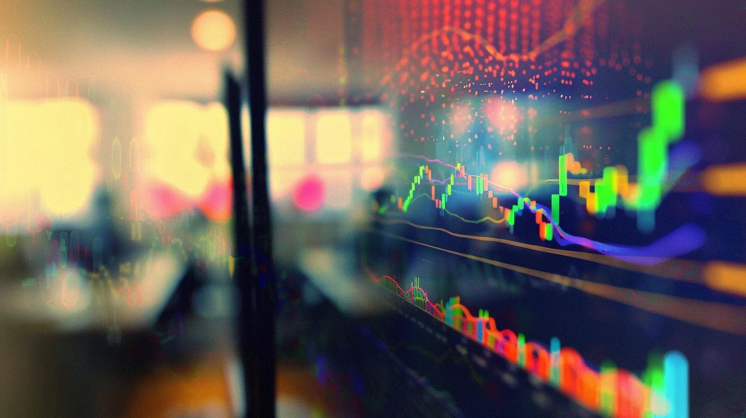 Blurred office environment with stock market trading graphs on a computer screen displaying colorful candlestick charts and indicators.