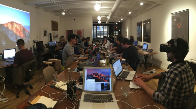 Busy tech office with multiple workers at desks using computers and a person wearing a virtual reality headset