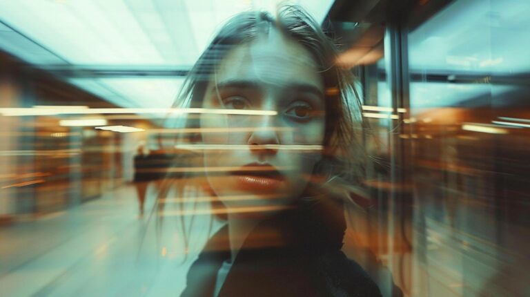 Close-up portrait of a young woman with a blurred background suggesting motion.
