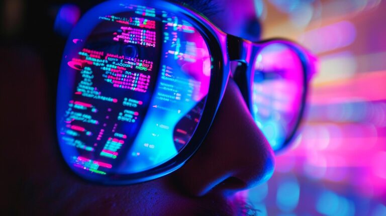 Close-up of a person with reflections of code on glasses against neon lights background.