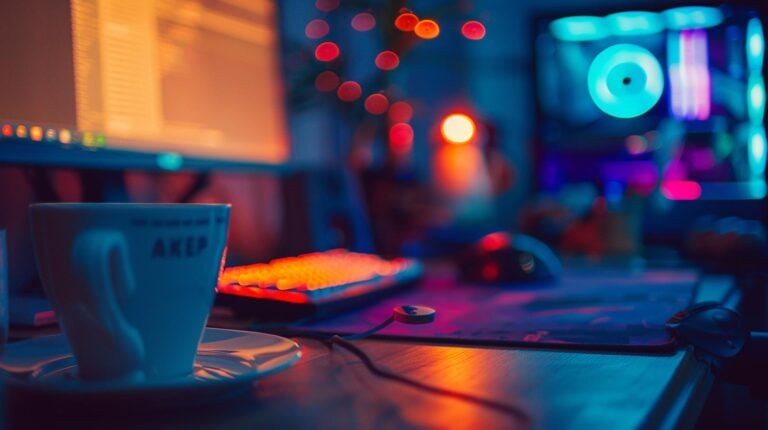 Cozy home office setup with computer monitors, backlit keyboard, and coffee cup on desk with ambient lighting.