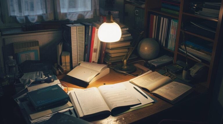 Cozy home study area with desk lamp, open books, and bookshelves filled with books.