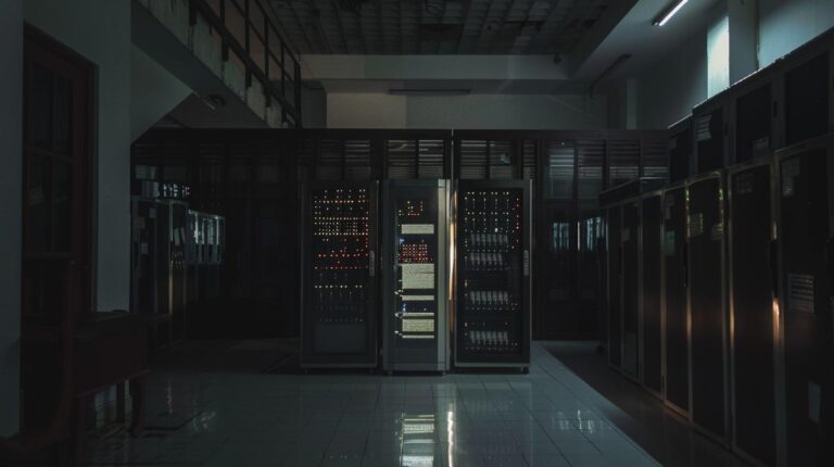 Data center server room with illuminated network cabinets in a dark corridor