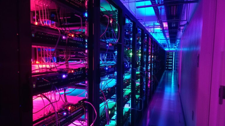 Data center with servers and LED lights in a corridor
