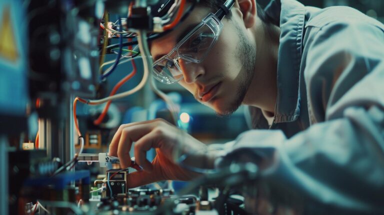 Engineer in lab coat and safety glasses working on electronic components in a lab.