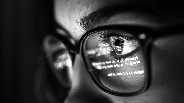 Close-up of a person's eye wearing glasses with computer code reflection on the lens in black and white.
