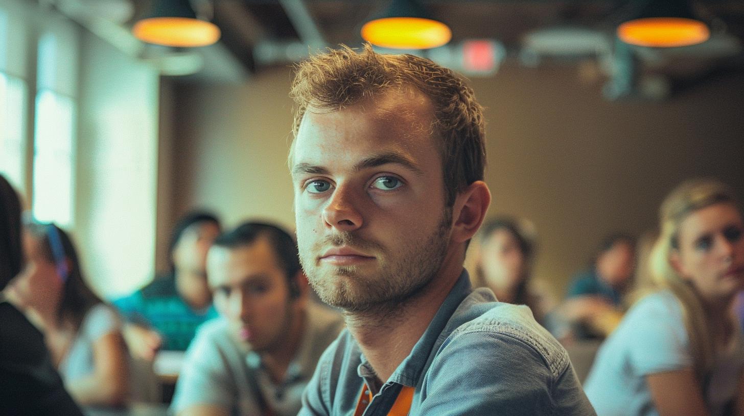 Young man with focused expression in a meeting with other attendees in the background.