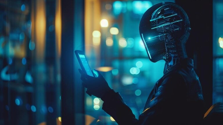 Futuristic cyborg with illuminated helmet using smartphone in neon-lit city at night.