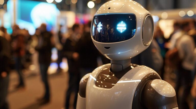 Futuristic humanoid robot with illuminated face display at a technology expo with blurred attendees in the background.