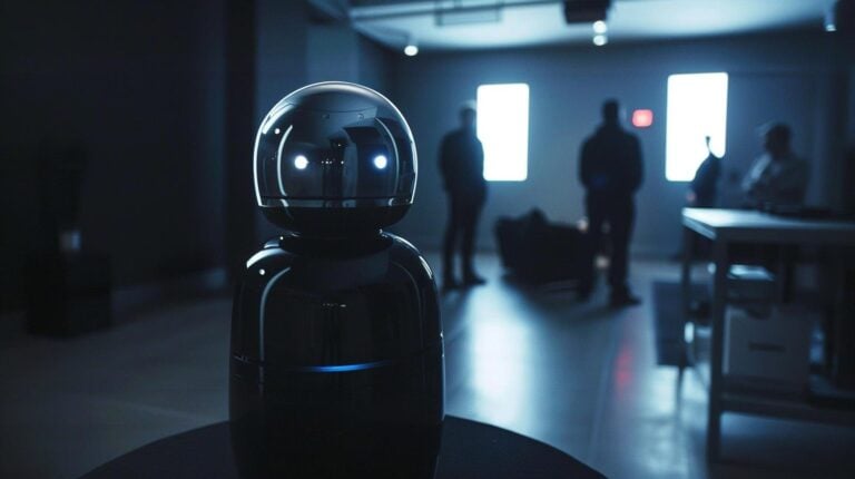Futuristic robot with illuminated eyes standing in a dimly lit room with blurred silhouettes of people in the background