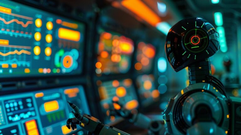 Futuristic robot with a digital head display in front of a control panel with glowing screens and graphs.
