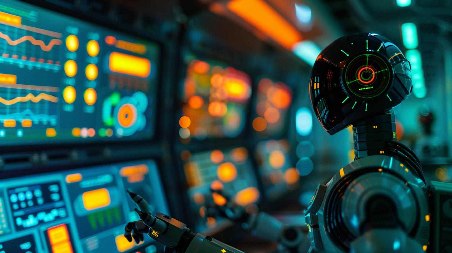 Futuristic robot with a digital head display in front of a control panel with glowing screens and graphs.