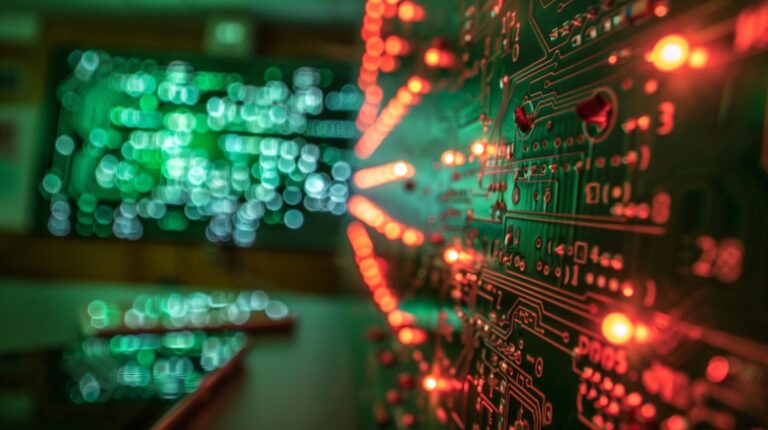 Close-up of a green circuit board with red LED lights and blurred background