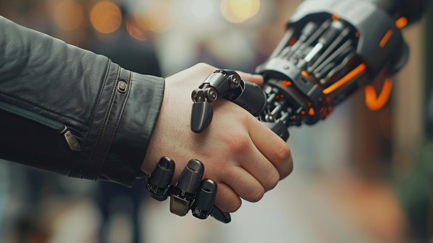 Human hand and robotic hand in handshake representing human-robot collaboration.