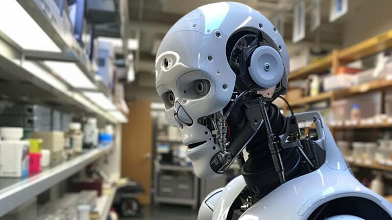 Humanoid robot with exposed mechanical parts in a laboratory setting.