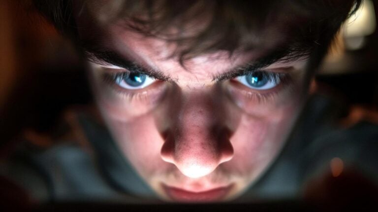 Close-up of a person's face with intense eyes illuminated by screen light.