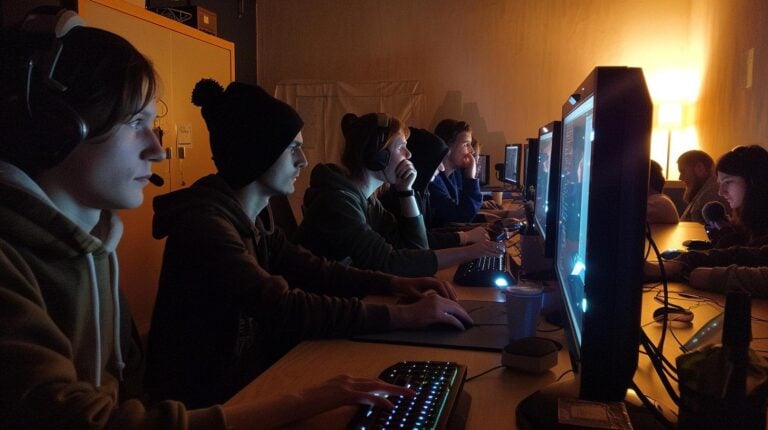 Group of people engaged in an intense gaming session at computers with glowing keyboards and headsets in a dimly lit room.