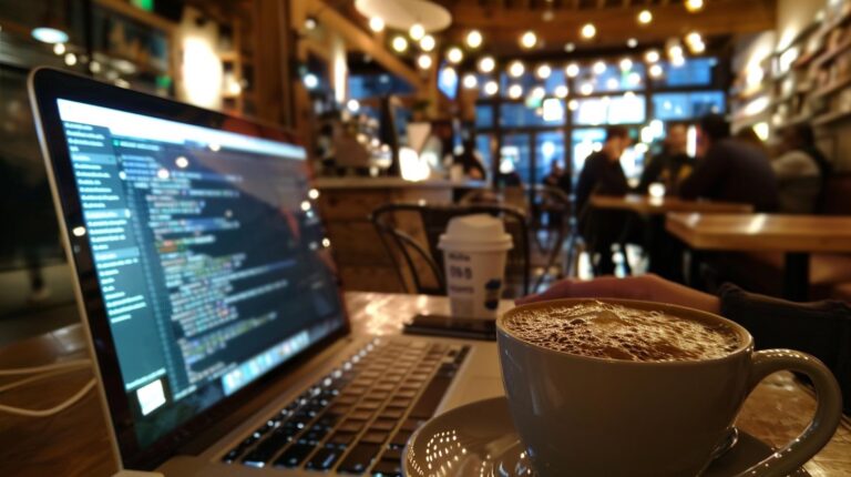 Laptop with code on screen and cappuccino in a coffee shop