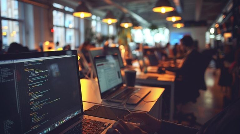 Laptop with coding screen in focus in a busy office workspace with workers and hanging lights in the background.