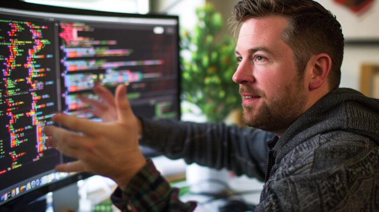 Man explaining code on multiple computer screens in an office setting